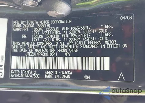 2008 Toyota 4Runner Sr5 V6 z USA, uszkodzony, nr VIN JTEZU14R78K018341